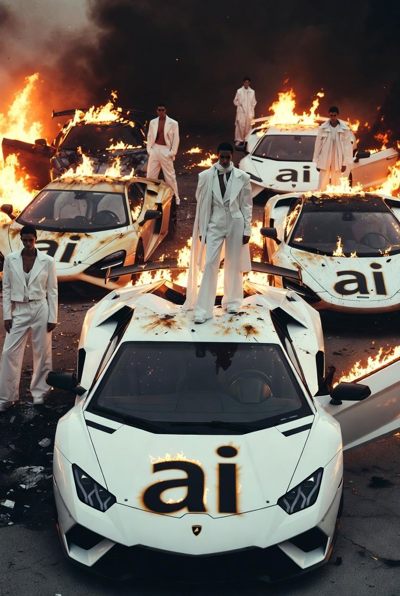 People in white suits stand amid burning cars, one atop a car. 
