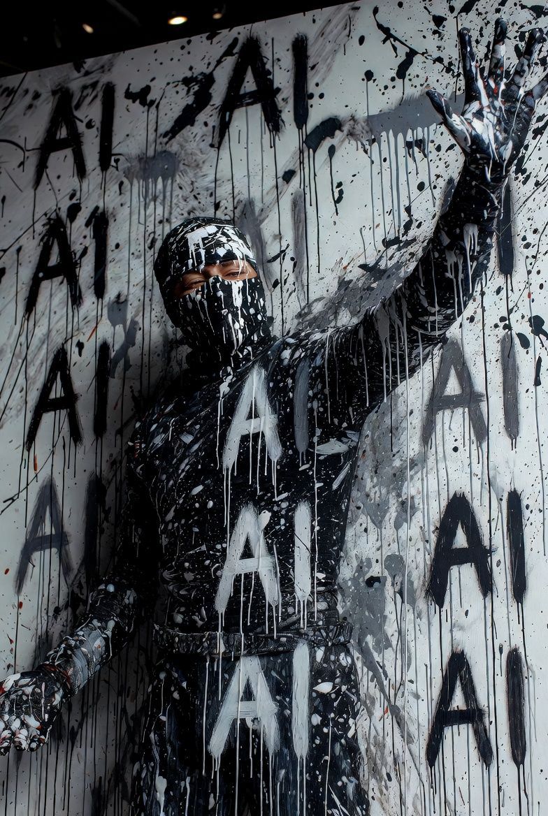 Person covered in black paint stands before a wall sprayed with