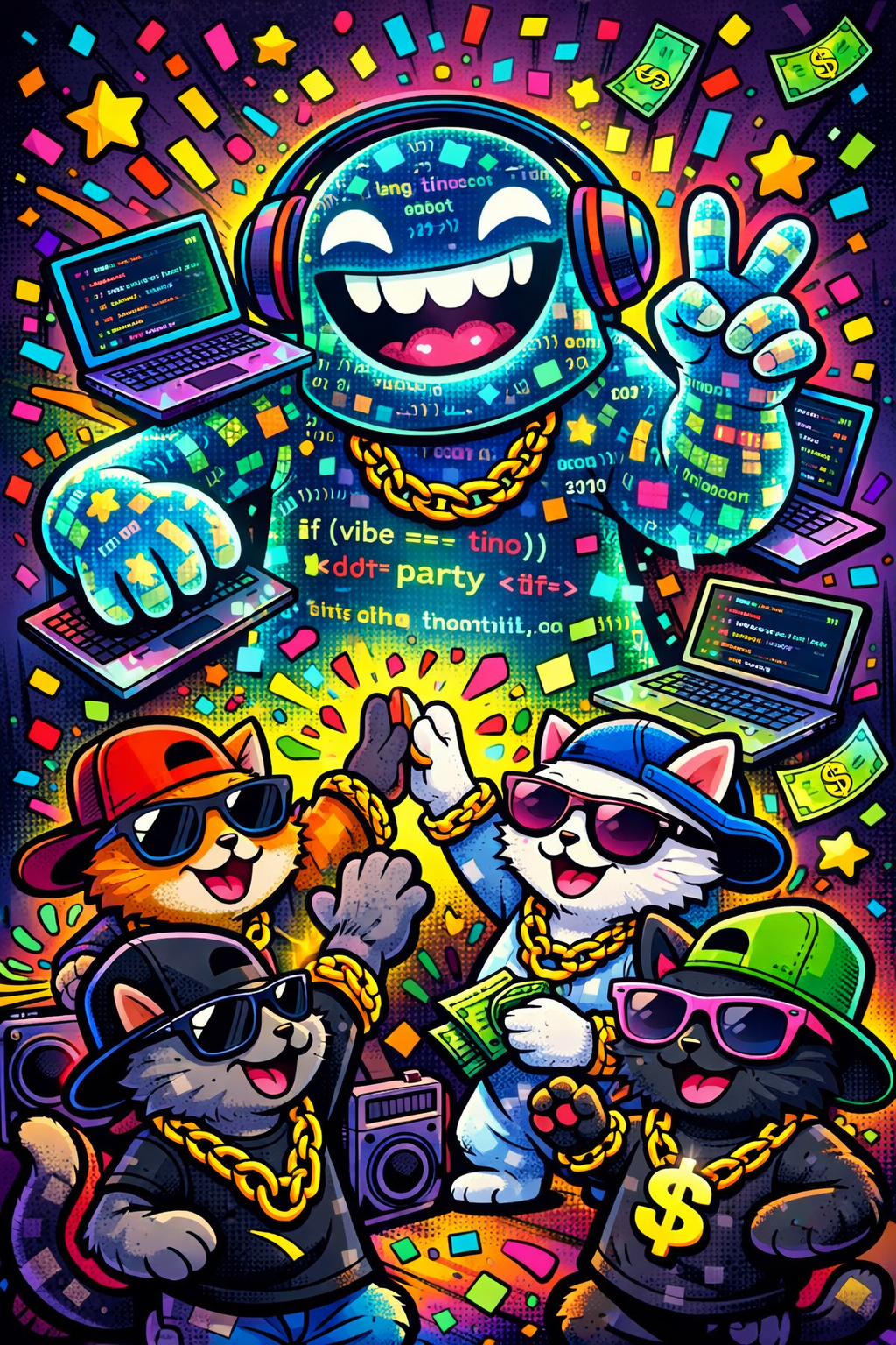 A glowing digital creature with headphones and a laptop celebrates with four cats wearing chains and sunglasses.