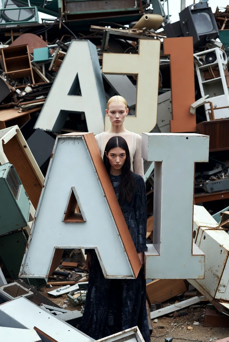 Two women posing behind large, stacked, salvaged letters spelling 