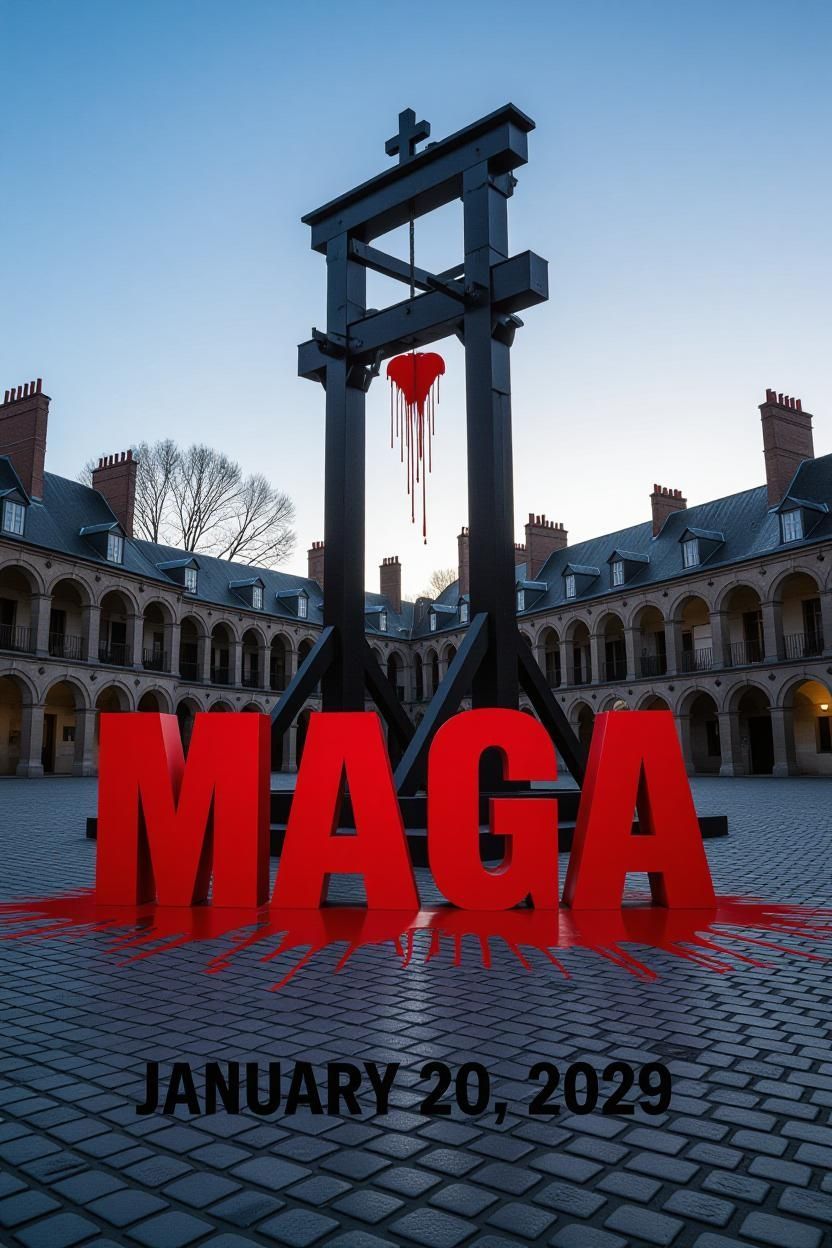 Guillotine with blood-red MAGA lettering. Setting appears to be a courtyard. 