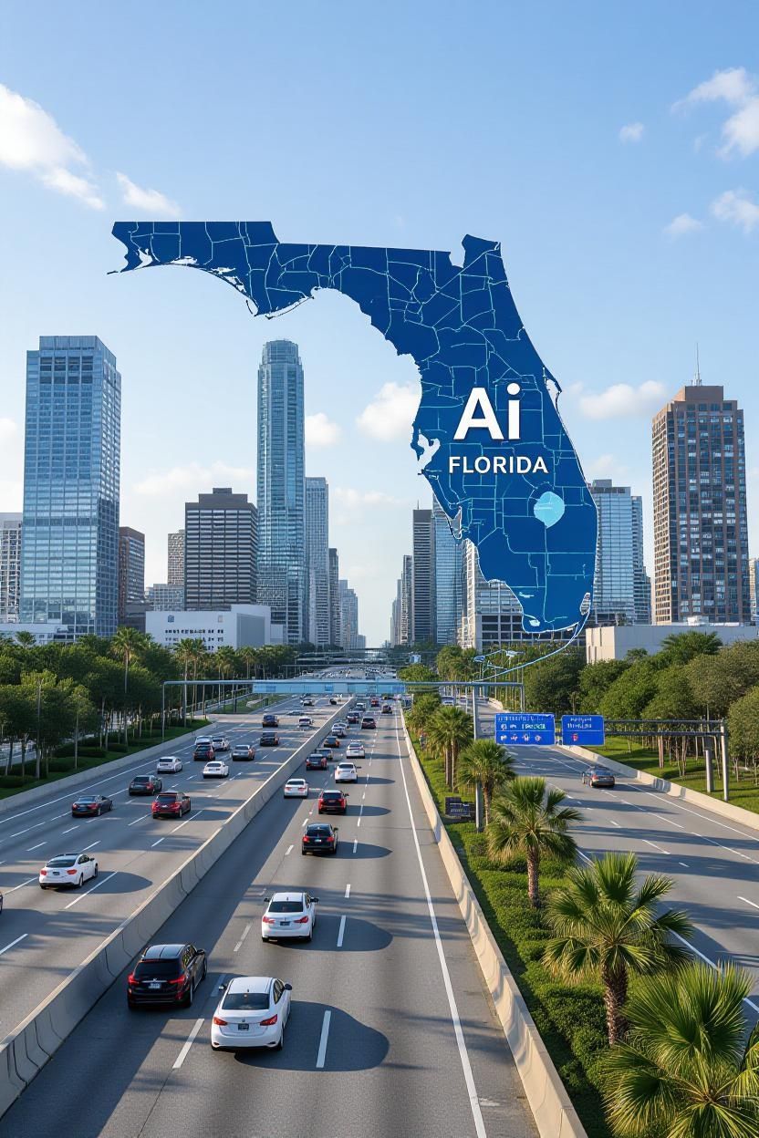 Florida outline superimposed on a city highway with traffic and palm trees. Blue and white text reads