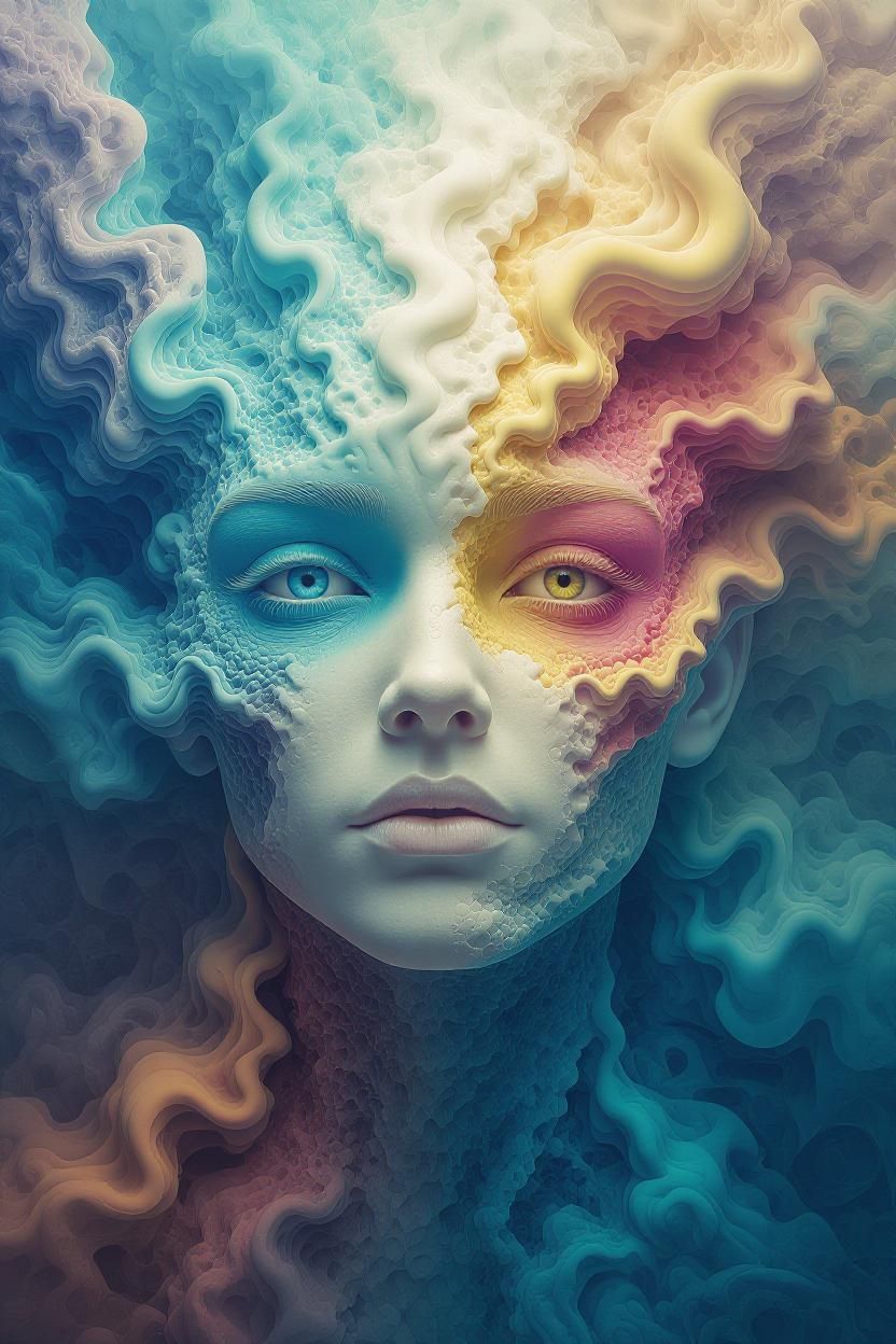 Woman's face merging with colorful, textured waves. Half blue, half yellow/pink. Blue eyes, neutral expression.
