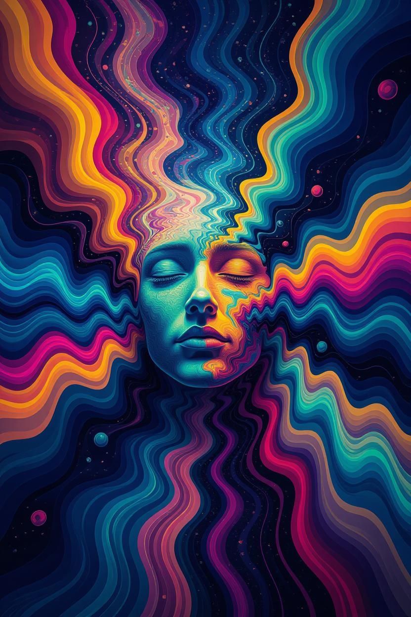 Woman's face with closed eyes, surrounded by colorful, wavy patterns.