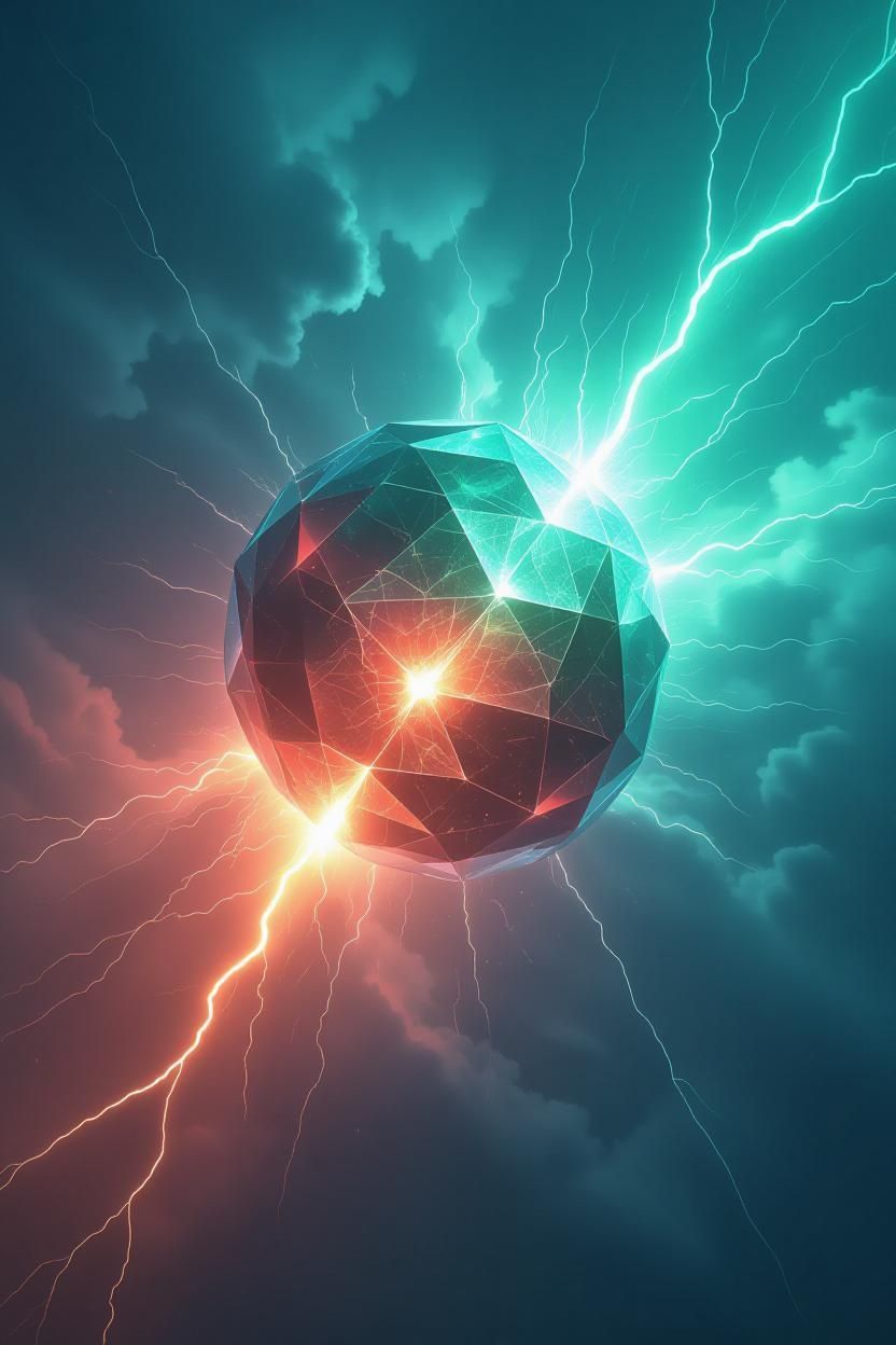 Geometric sphere crackling with red and teal lightning against a cloudy, teal background.