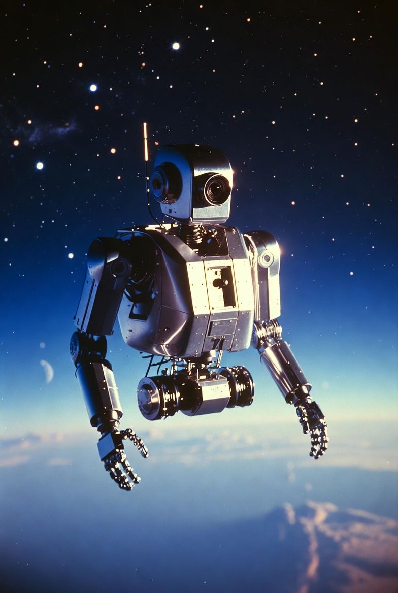 Robot in space, metallic body, starry background, Earth below.