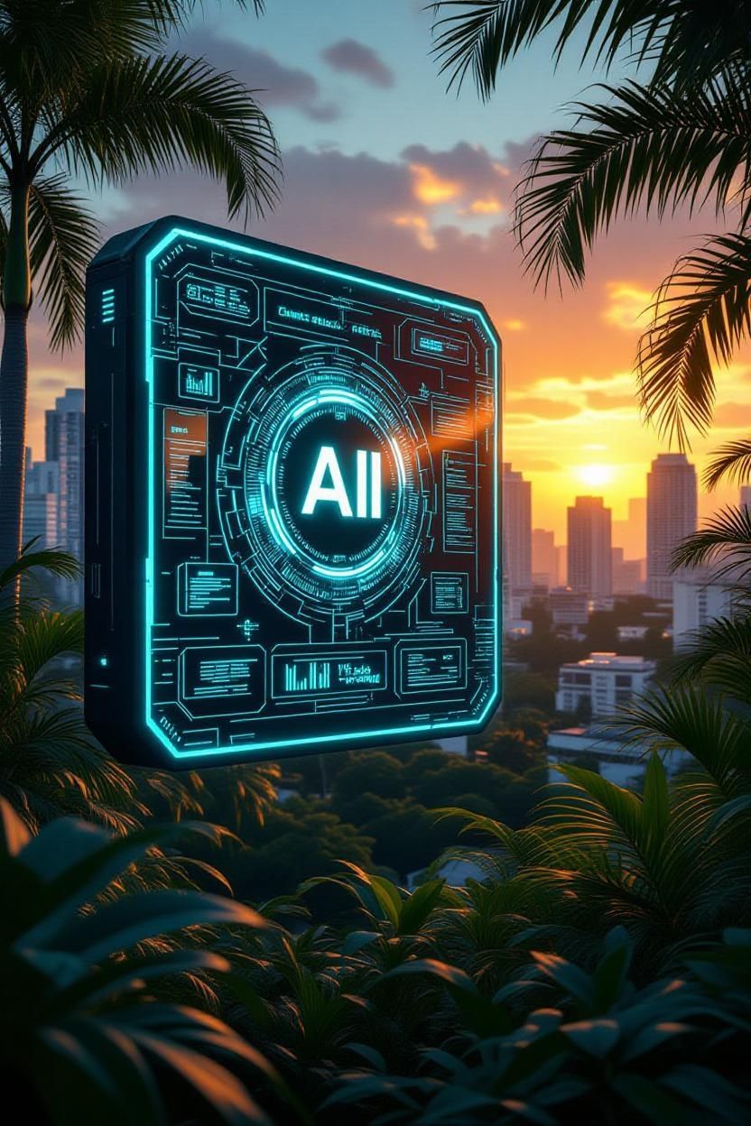 AI device, glowing blue, over a city at sunset, palm trees in foreground.