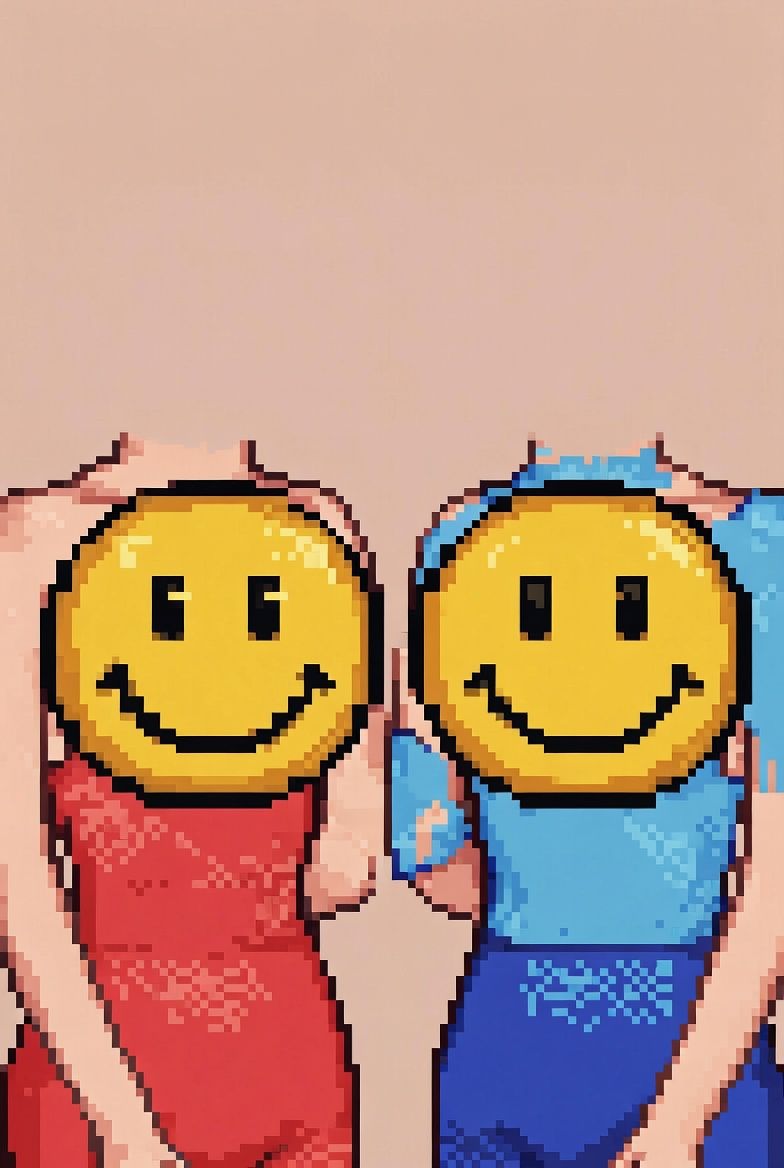Two figures with yellow pixelated smiley faces for heads, one wearing a red dress and the other a blue top and skirt.