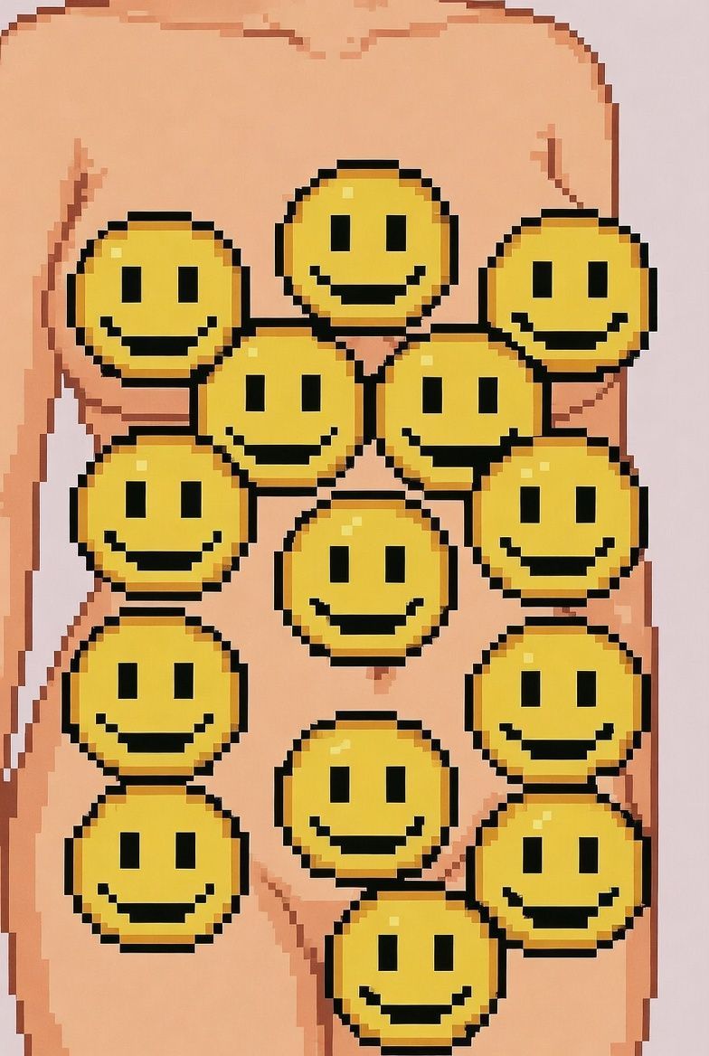 A pixel art illustration of a torso overlaid with a pattern of thirteen yellow, smiling emoji stickers.