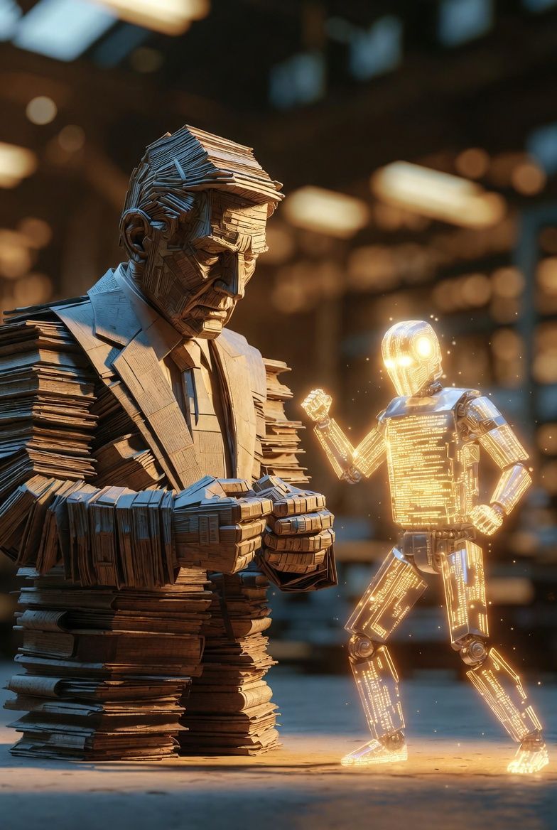 Sculpture of a man with suit next to a glowing robot, in a workshop setting.