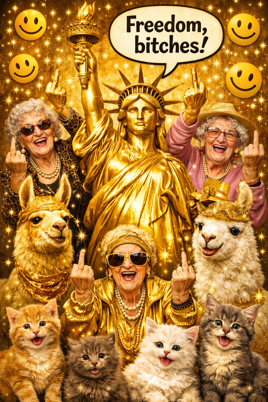 A gold-toned image of the Statue of Liberty, three people, two llamas, and four kittens, all gesturing with middle fingers.