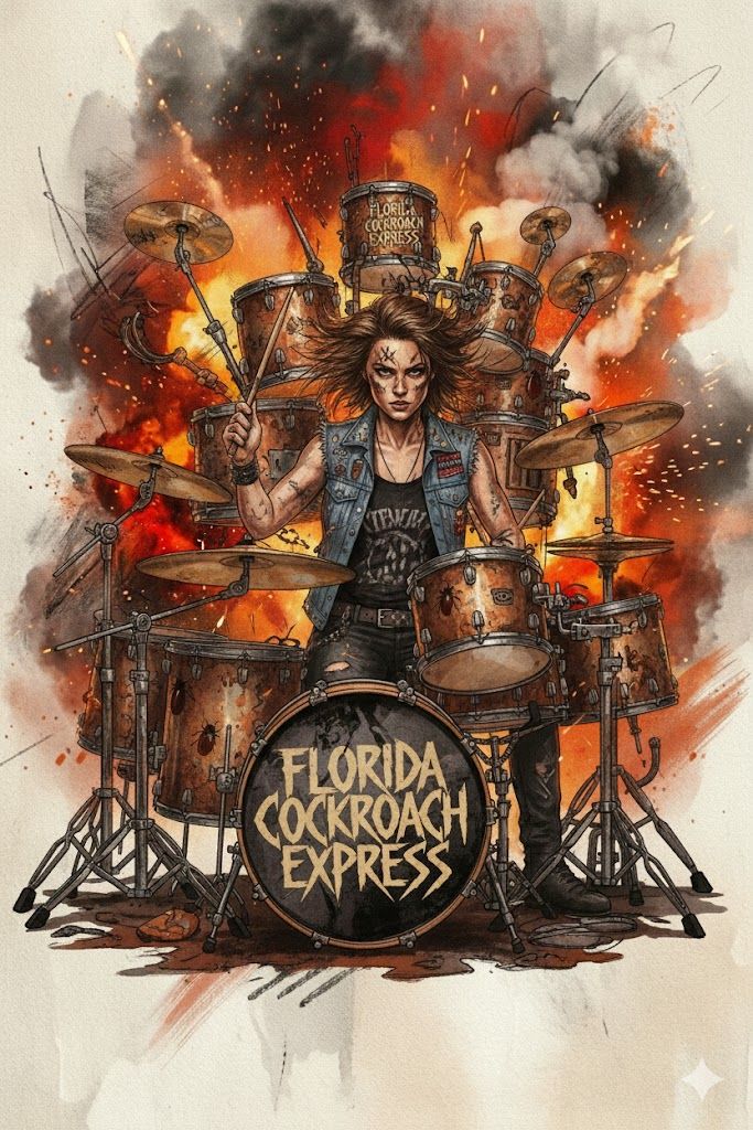 Drummer playing a drum set engulfed in flames, “Florida Cockroach Express” on bass drum.