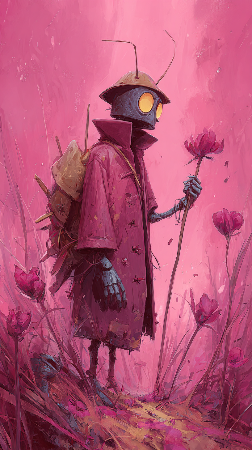 Robot in a pink coat and hat holds a flower in a field of pink flowers.