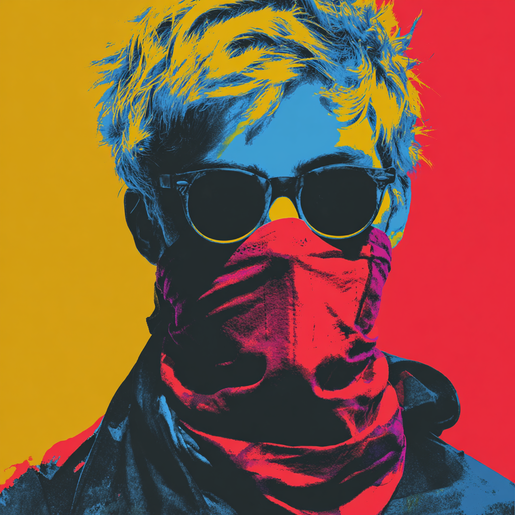 Person wearing sunglasses and red bandana; pop art style with yellow, blue, and red colors.