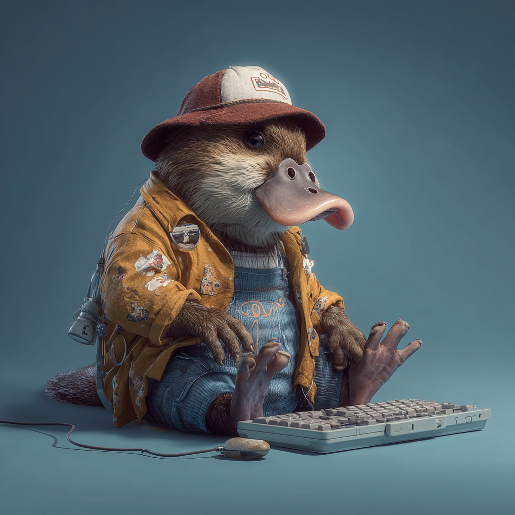 Platypus wearing overalls, a hat, and a shirt, sitting and typing on a keyboard.