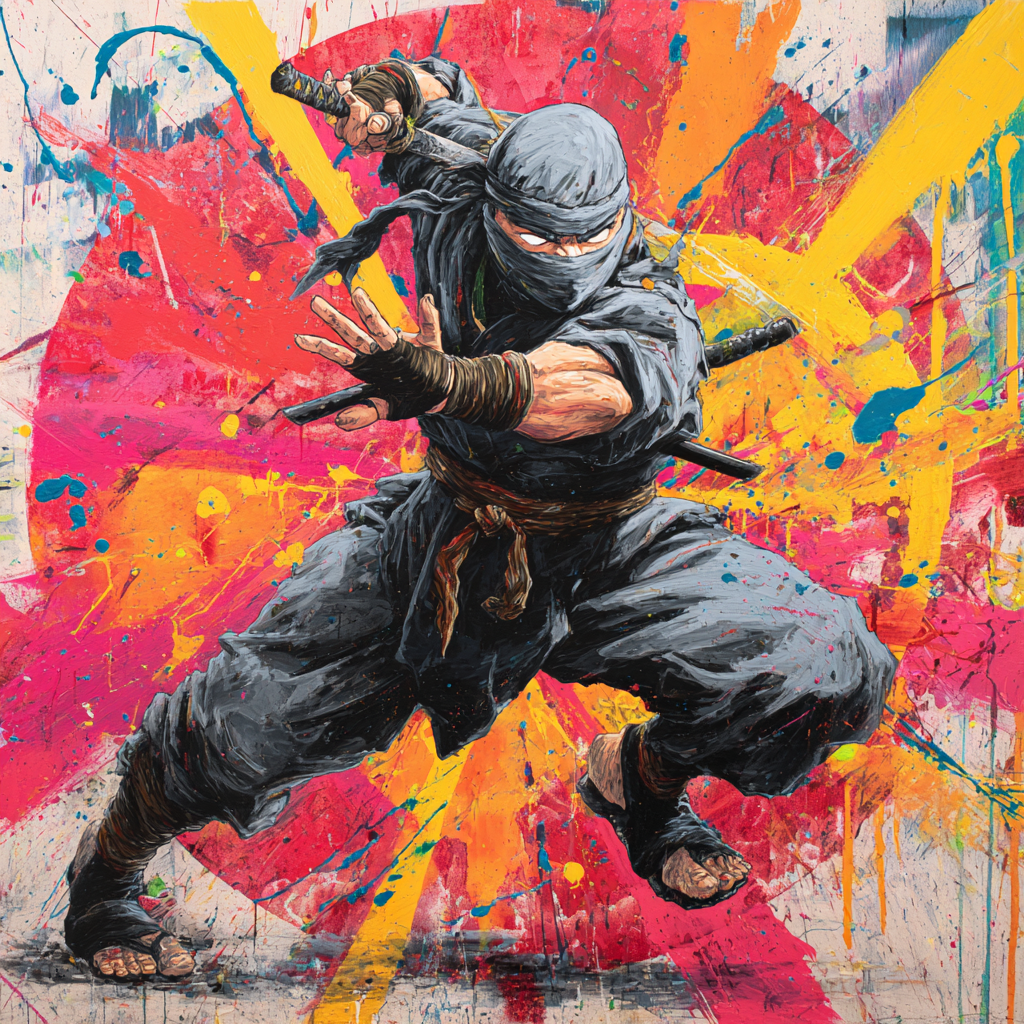 Ninja in blue garb with swords, poised in a fighting stance, before a colorful splash background.