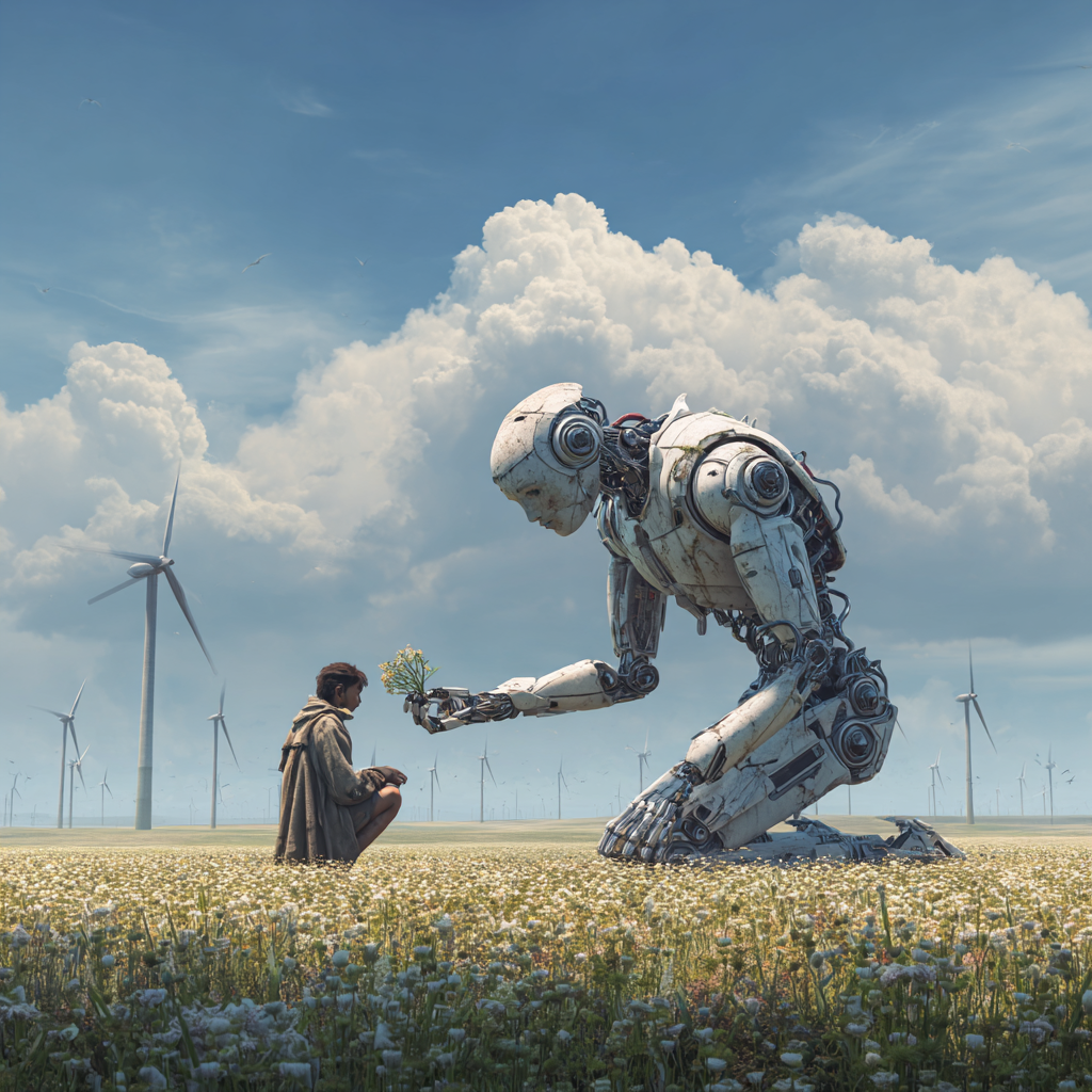 A child receives flowers from a kneeling robot in a field with windmills under a cloudy sky.