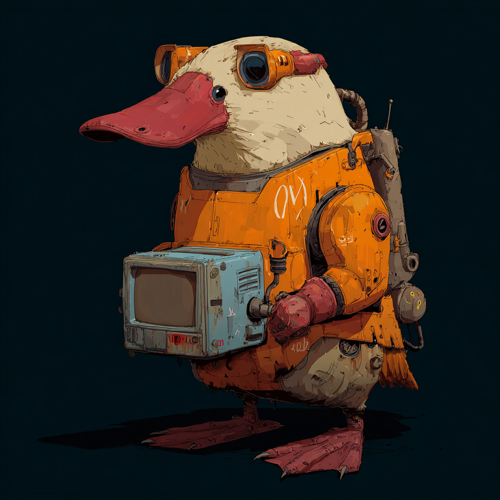 Duck-like creature in an orange spacesuit with a screen, backpack, and goggles. Against a dark background.