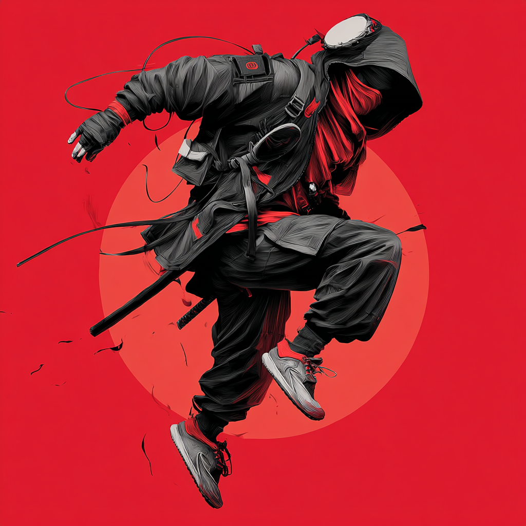 Ninja in urban tactical gear leaping against a red circle, sword, and sneakers.