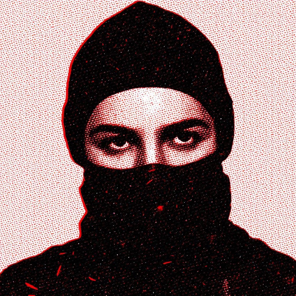 Person wearing a black beanie and face covering, eyes visible, against a red-dotted background.