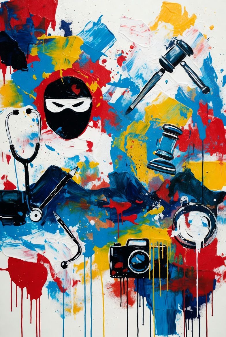 Abstract art with medical, legal, and media symbols against colorful paint strokes.