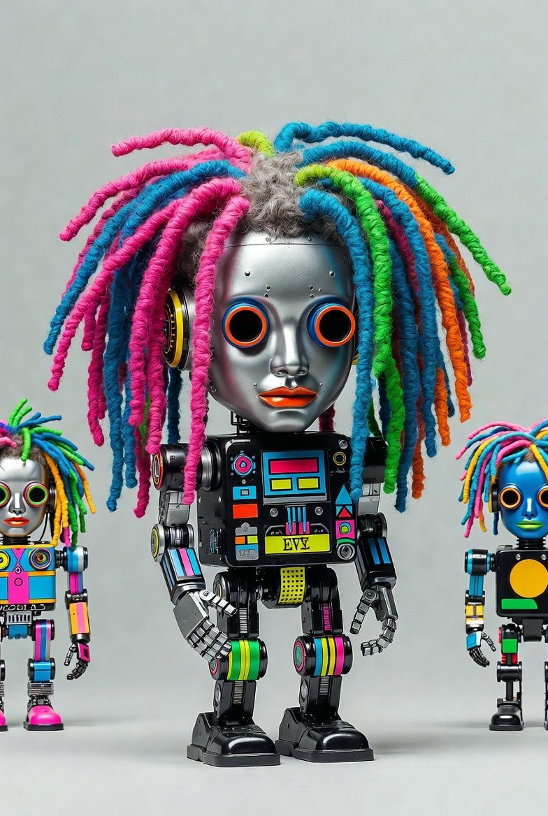 Robots with colorful pipe cleaner hair stand against a gray backdrop.