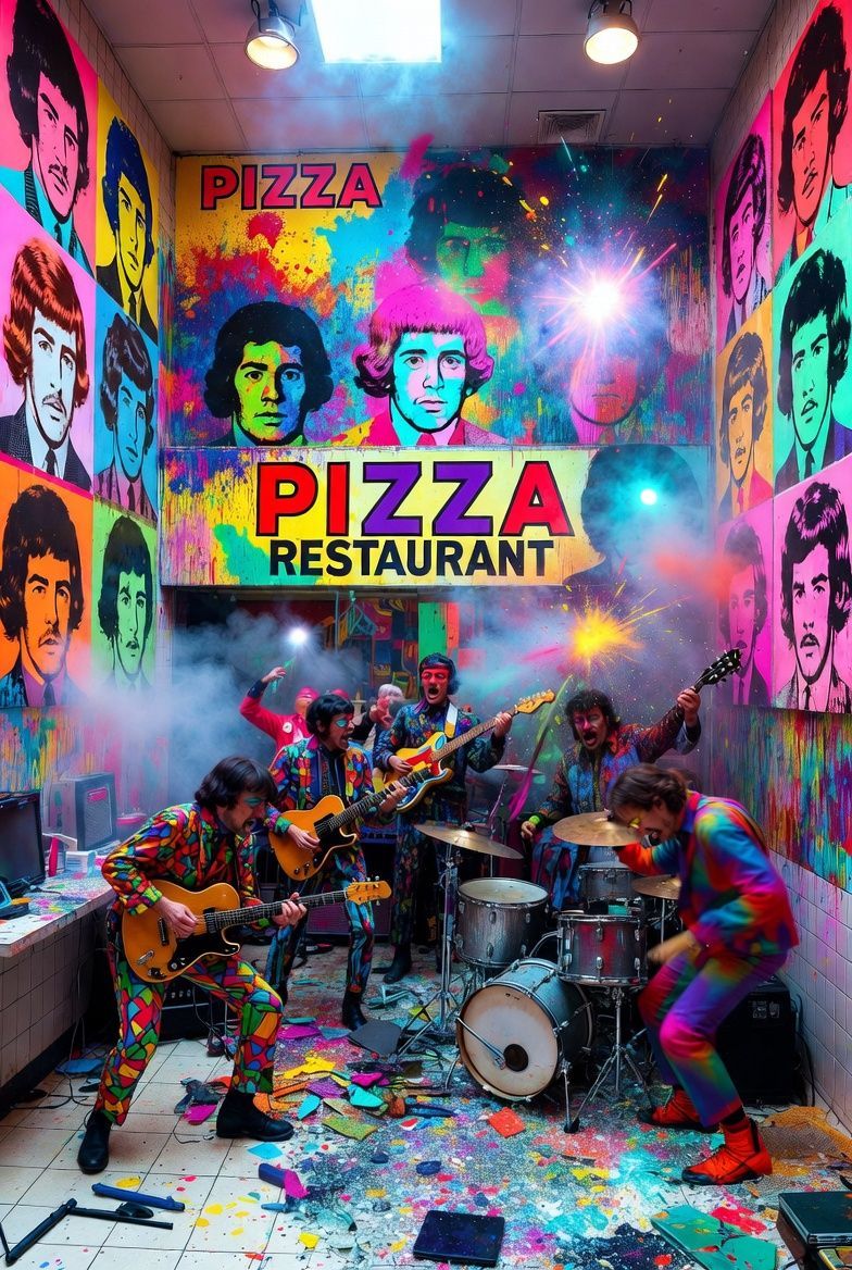 Band playing in a colorful pizza restaurant, surrounded by portraits and paint splatters.