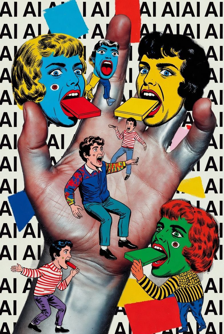 Collage: Silver hand holding stylized heads with open mouths and tongues, surrounded by 