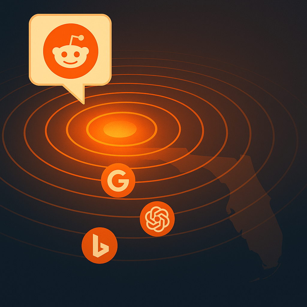 Reddit icon over an orange glowing vortex; Google, ChatGPT, and Bing icons below.