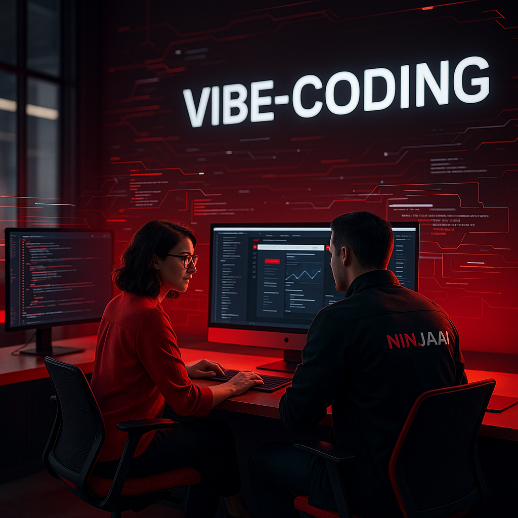 Two people coding at computers in a red-lit room with
