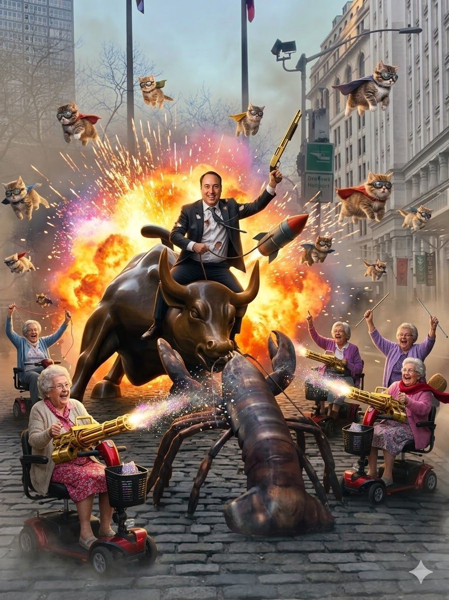 A man rides a bull toward a giant lobster while people on scooters fire weapons amidst a fiery city explosion and flying dogs.