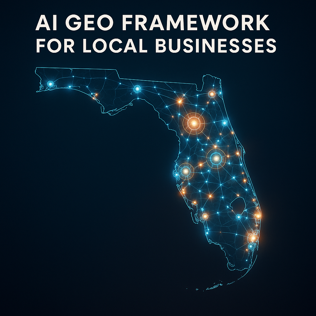 Florida outline with glowing network; text: