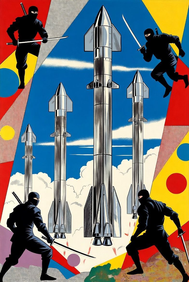Ninjas with swords surround tall rockets against a colorful, abstract background.
