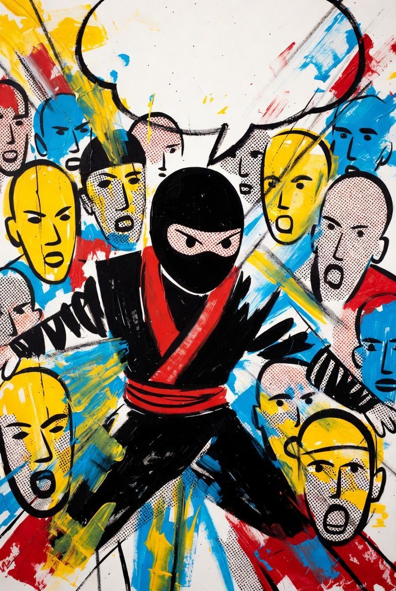 Ninja surrounded by surprised faces, comic-book style. Black, red, yellow, blue colors dominate.