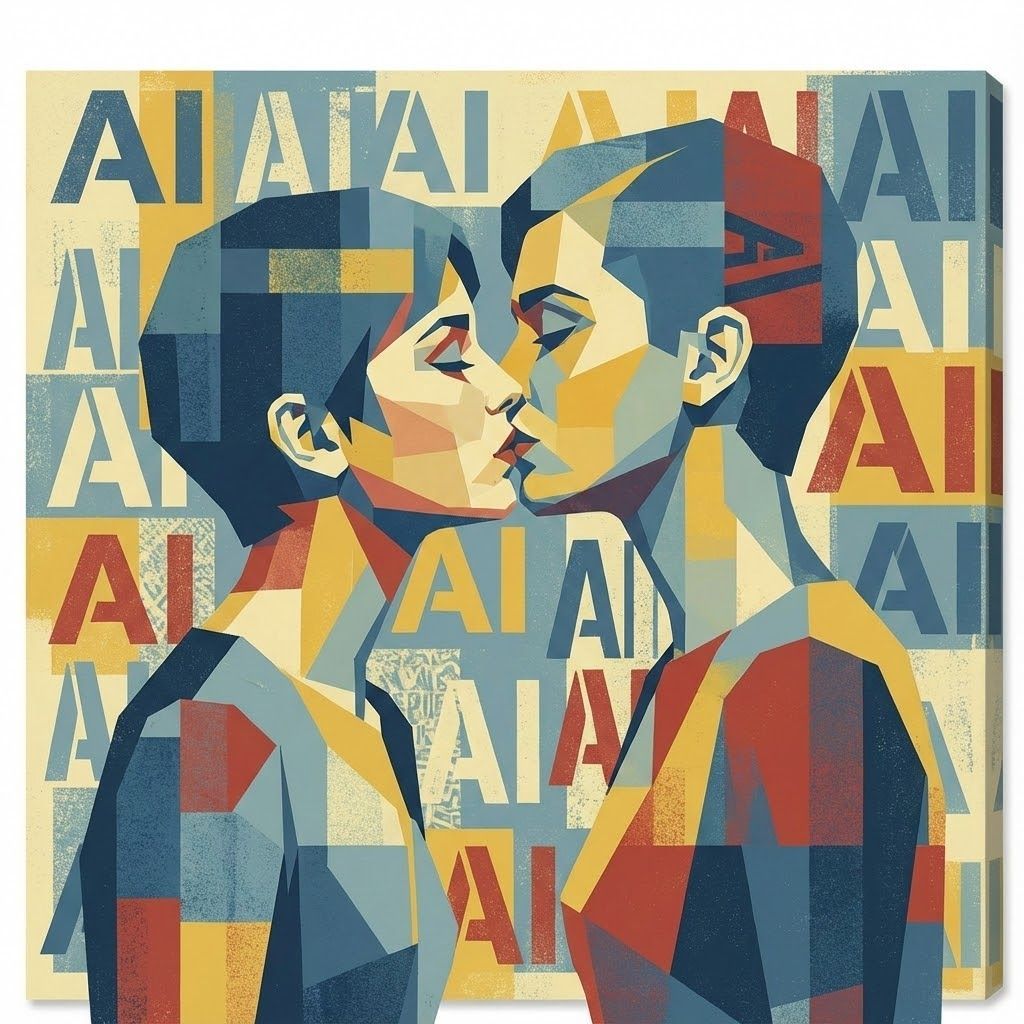 Two figures in close embrace kissing, geometric style art.