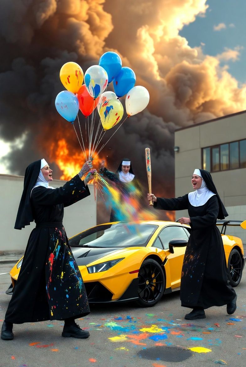 Two nuns holding balloons, with a yellow Lamborghini, paint, fire, and smoke in the background.