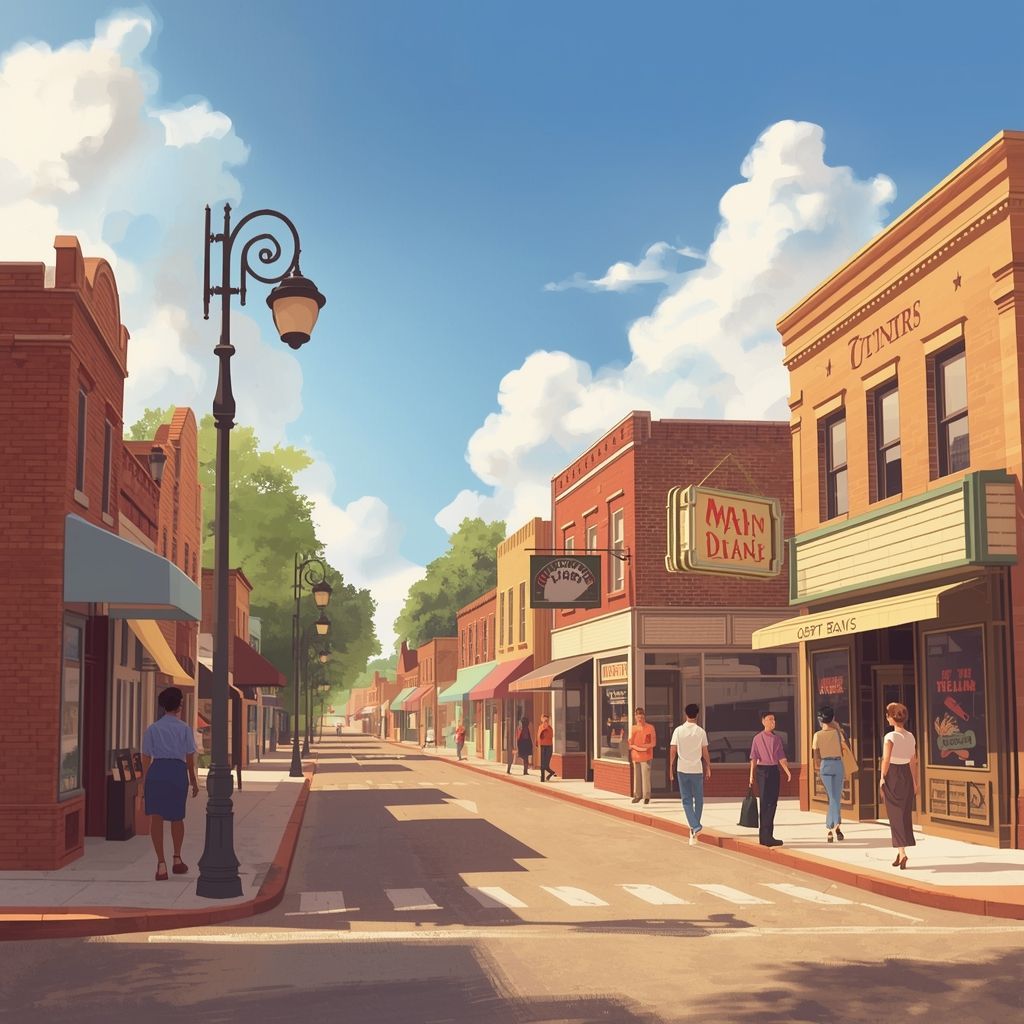 A sunny street scene with brick buildings, awnings, trees, and people walking.