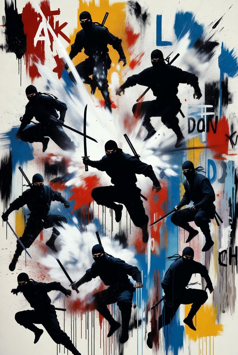 Nine ninja silhouettes with swords against a white background with colorful paint splatters and graffiti.