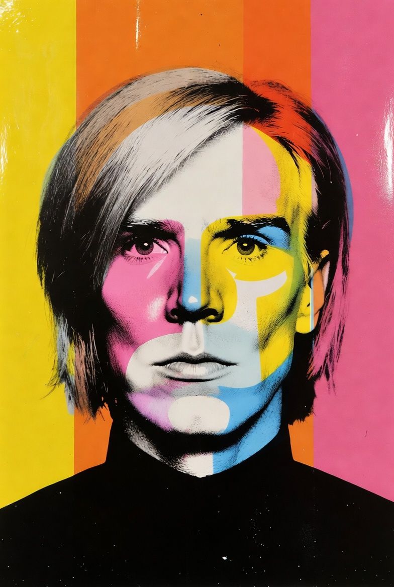 Andy Warhol portrait, bright colors, blonde hair, black turtleneck.