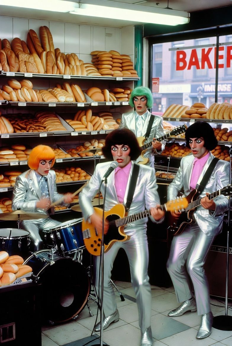 Band in silver suits and colored wigs playing in a bakery. Bread shelves are in the background.