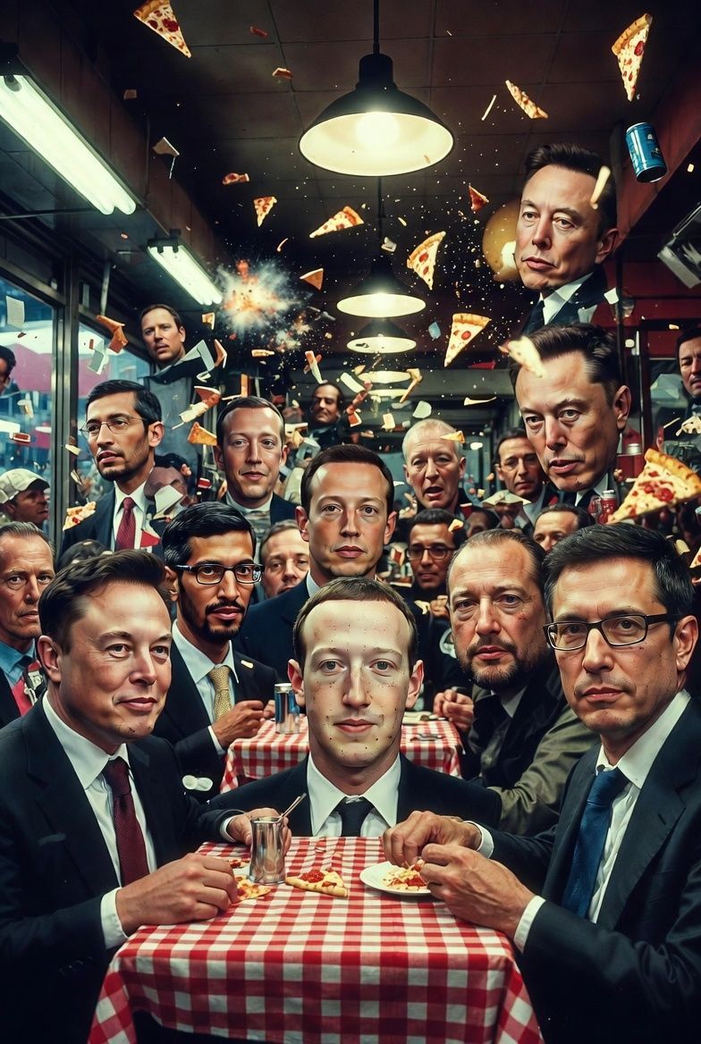 Tech leaders gathered at a diner table. Elon Musk, Mark Zuckerberg and others surrounded by floating pizza.