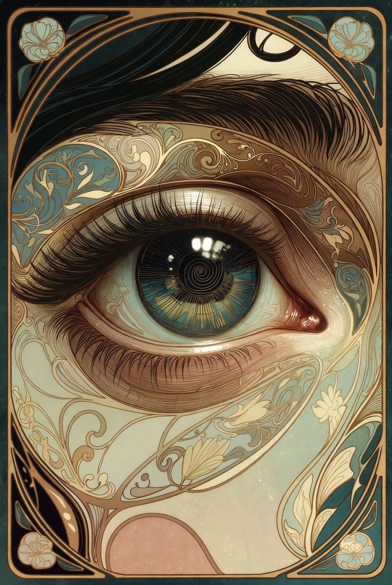 Close-up of a blue-green eye in an ornate, Art Nouveau-style frame, with floral patterns and gold accents.