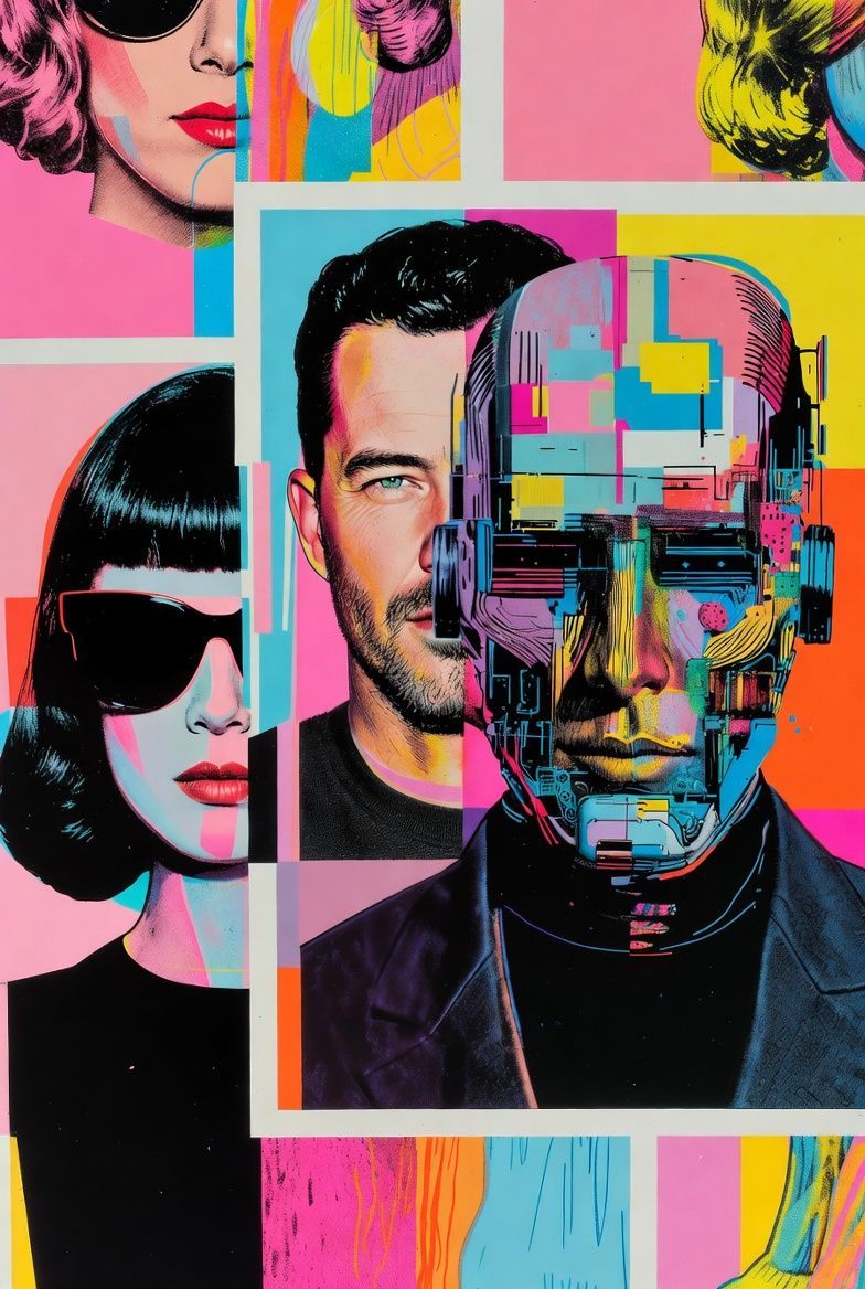 Colorful, split-face portrait of a man and woman. Man's face is half digital, half human. Woman wears sunglasses.