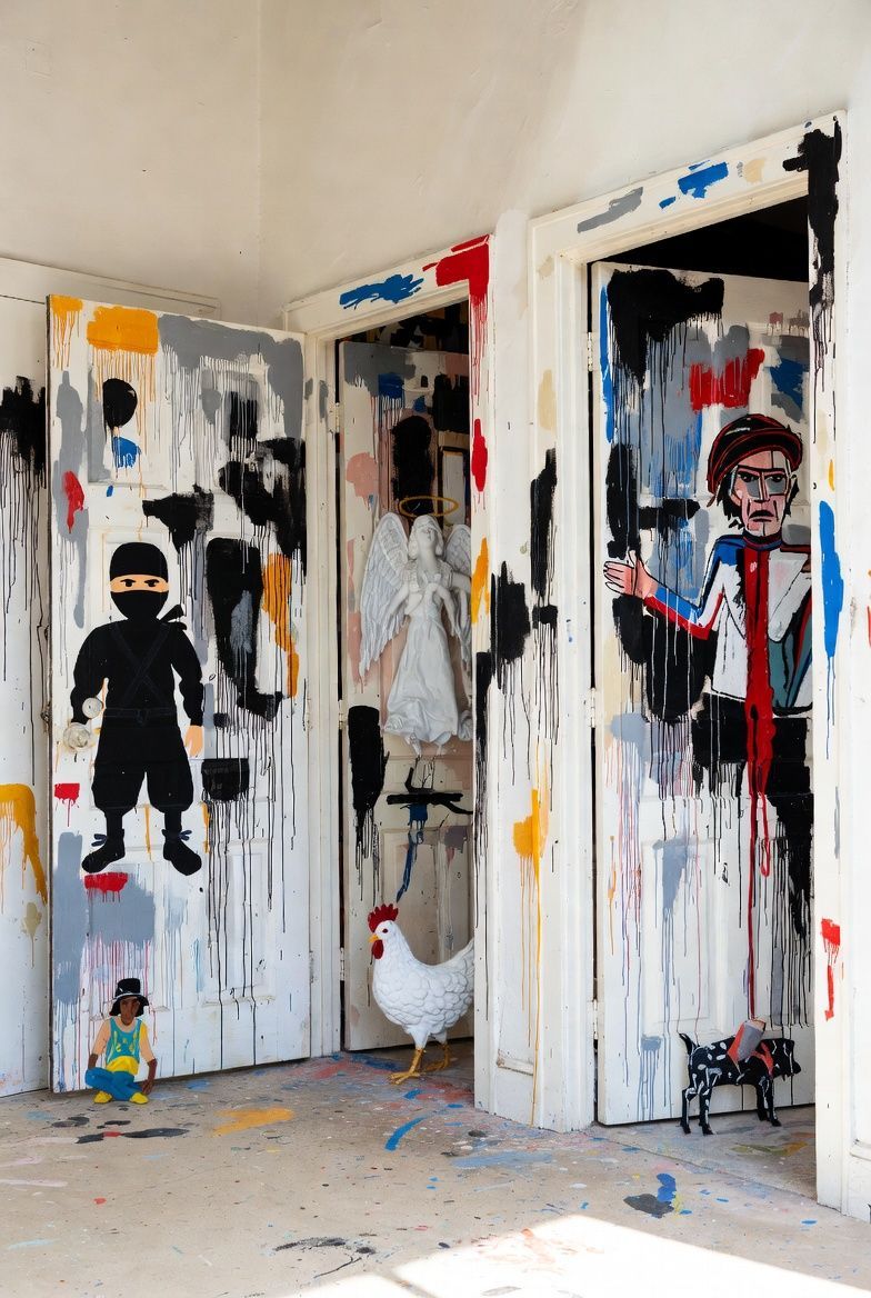 Rooms with paint-splattered doors. Ninja, angel, and figure with toy gun. A chicken and dog.