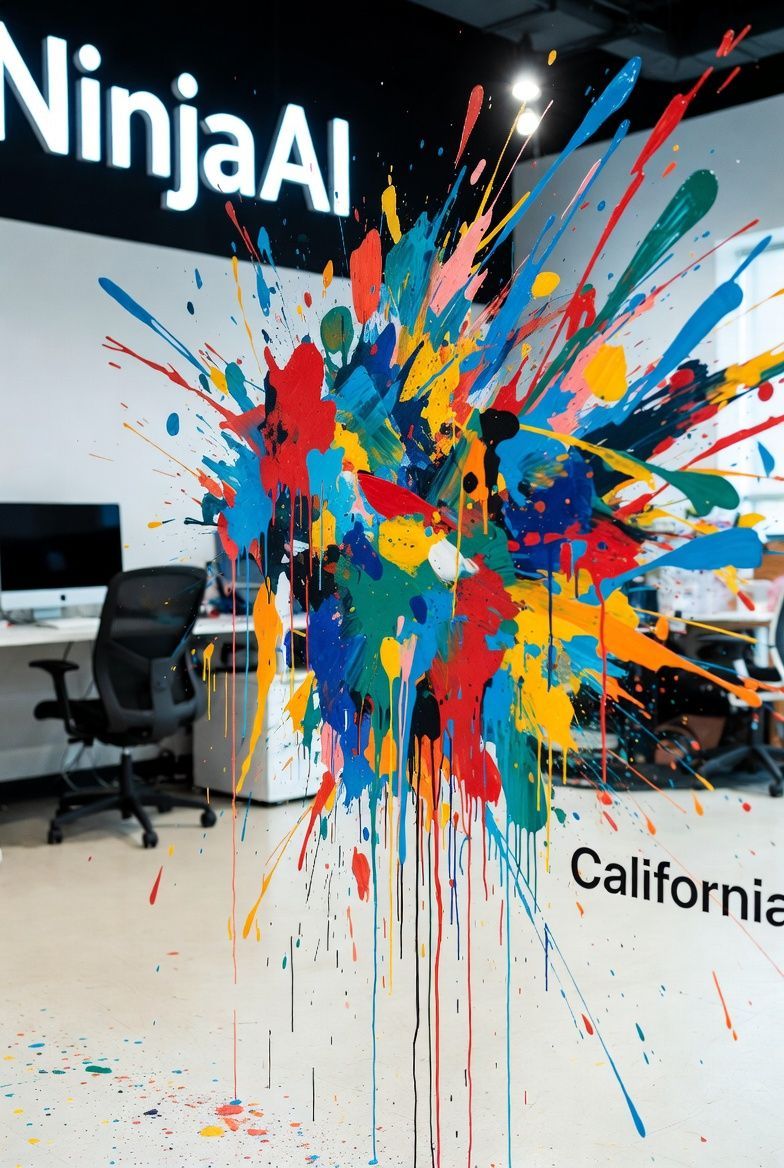 Colorful paint splatter art on glass, in front of the NinjaAI California office.