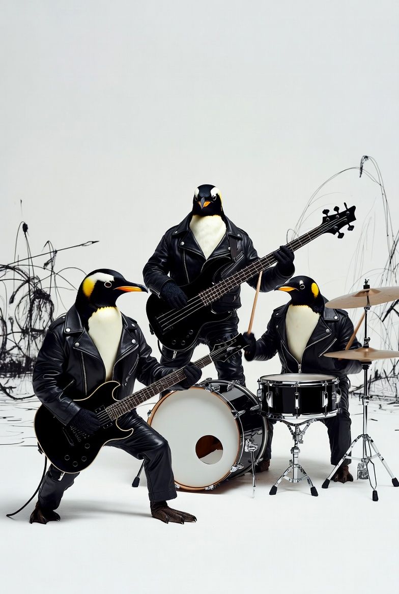 Three penguins in leather jackets playing rock band instruments on a white background.