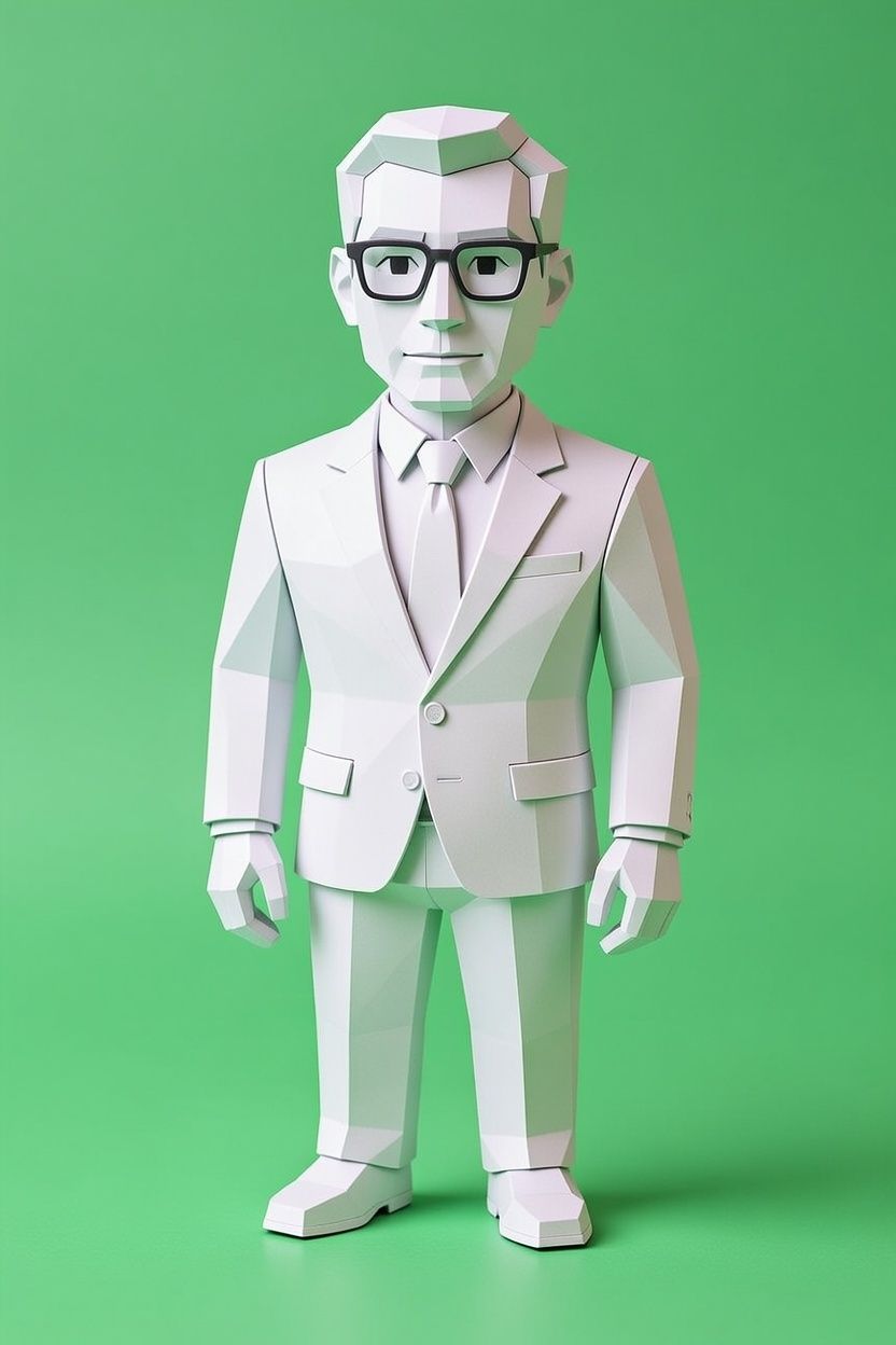 White polygonal figure of a person in a suit and glasses, standing against a green background.
