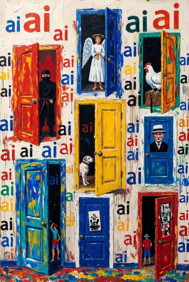 Colorful doors open to various scenes: ninja, angel, chicken, dog, man, children.