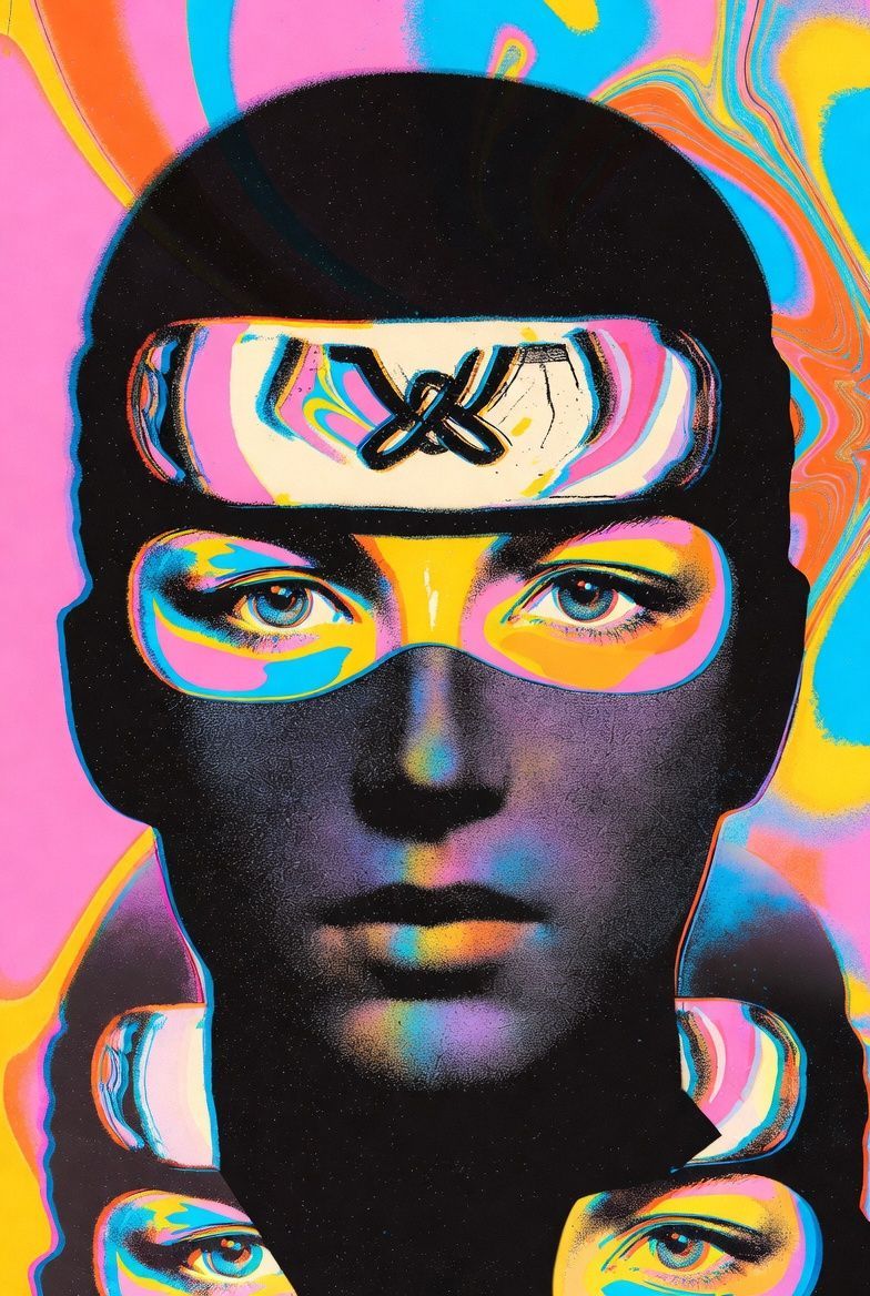 Ninja with kaleidoscopic mask and headband against a swirling, psychedelic background.