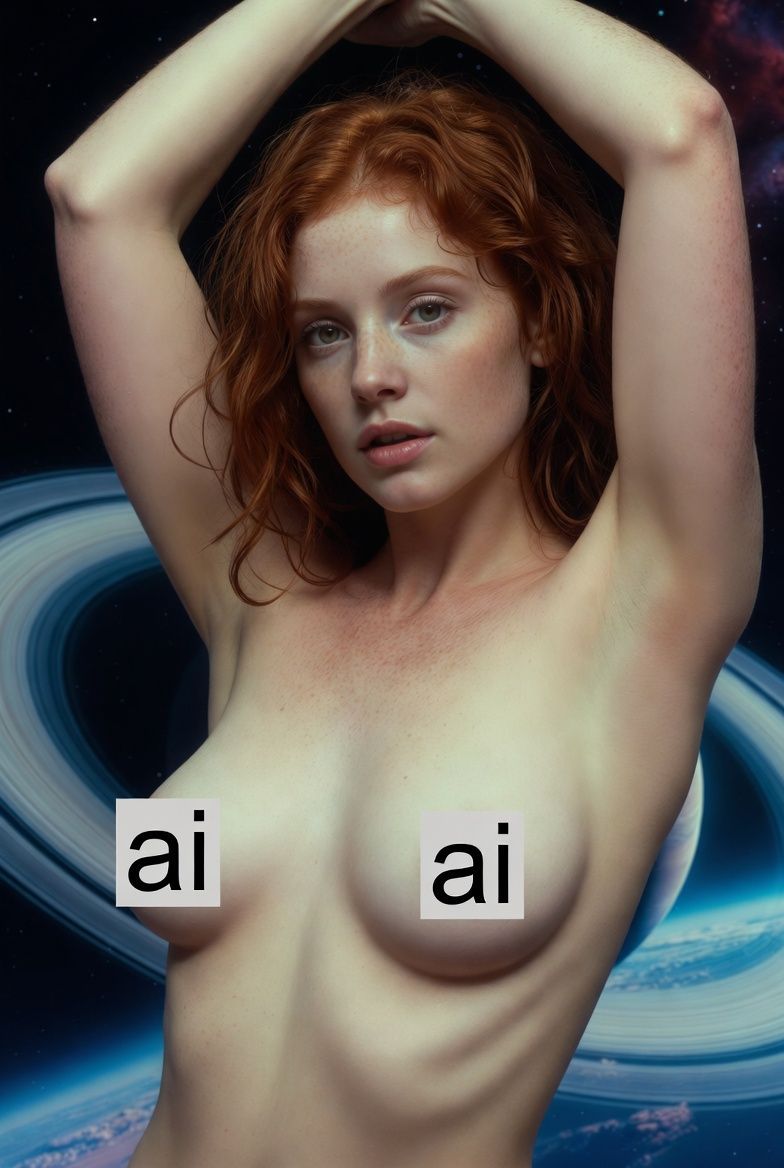 Woman with red hair, arms raised, in front of a blue planetary background. Breasts are censored.